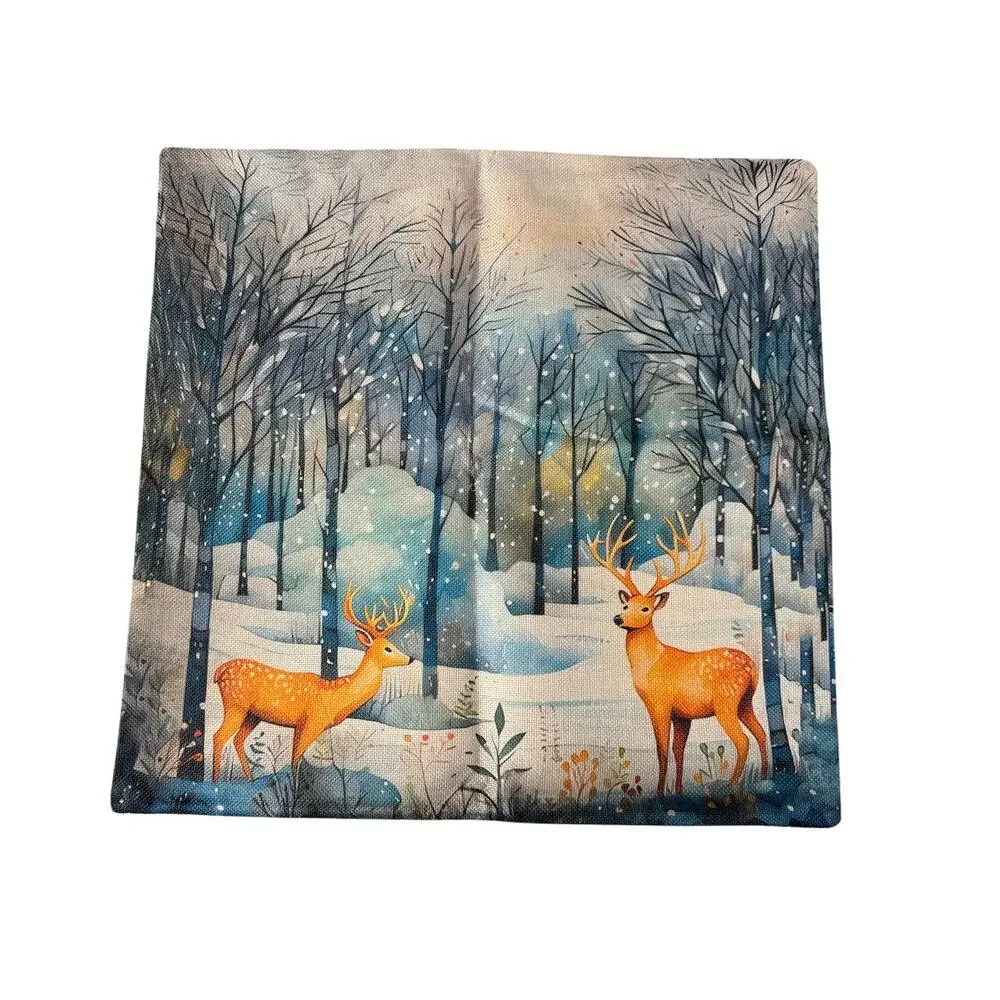 NWT New‎ Winter Wonderland Deer Holiday 4 Piece Set 100% Linen Pillowcase Covers